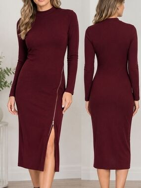 Elegant Burgundy Long Sleeve Midi Dress with Side Zip. Like New. Size M.